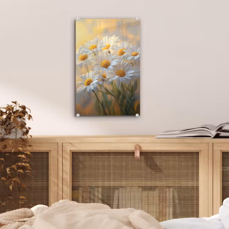Glas schilderij - Madeliefjes - Wit - Zonlicht — 5