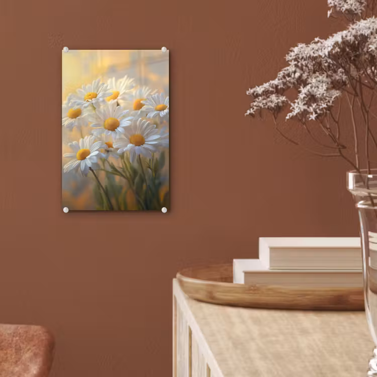 Glas schilderij - Madeliefjes - Wit - Zonlicht — 6