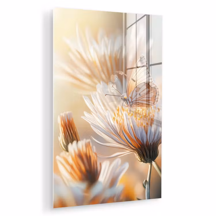 Glas schilderij - Vlinder - Bloem - Oranje — 1