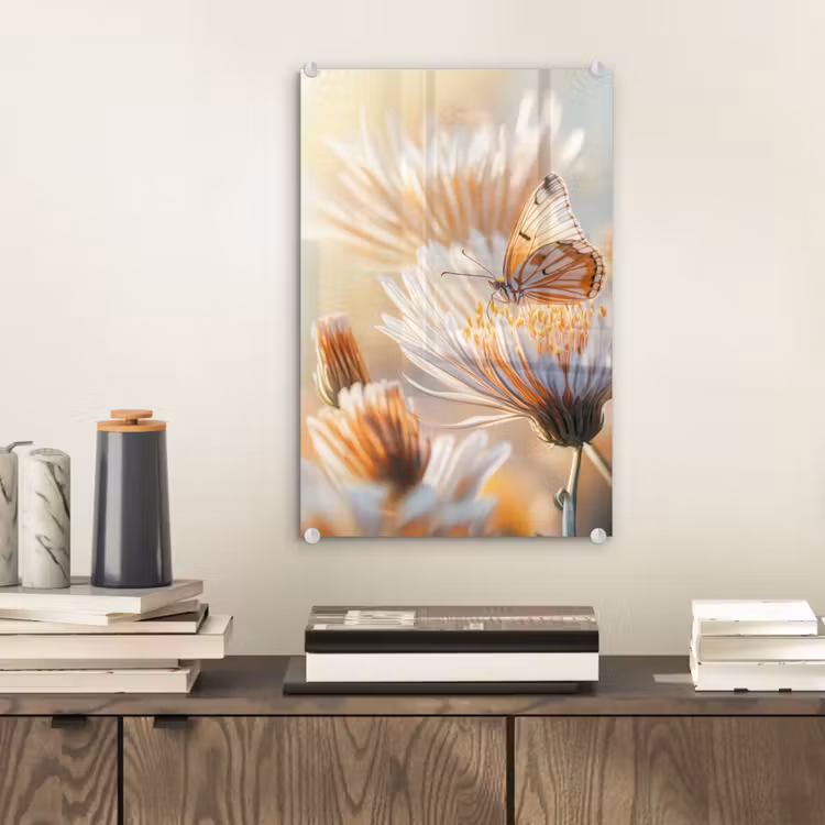 Glas schilderij - Vlinder - Bloem - Oranje — 2
