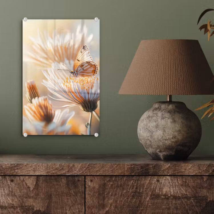 Glas schilderij - Vlinder - Bloem - Oranje — 4