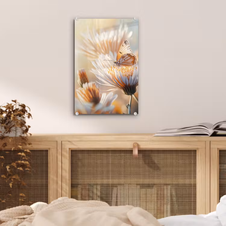 Glas schilderij - Vlinder - Bloem - Oranje — 5