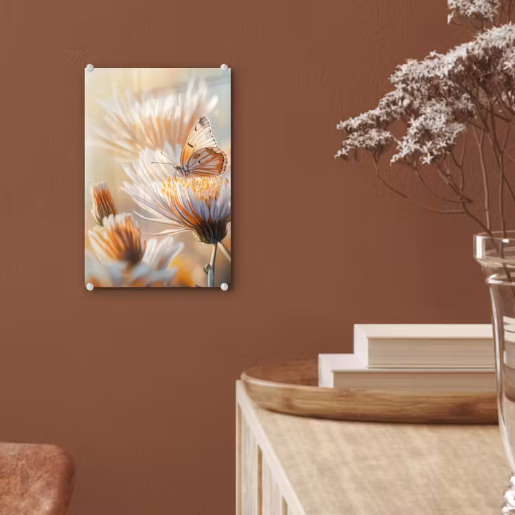 Glas schilderij - Vlinder - Bloem - Oranje — 6