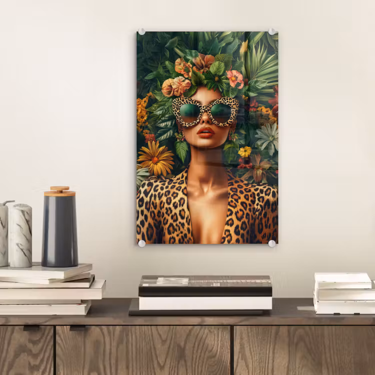 Glas schilderij - Vrouw - Panterprint - Jungle - Natuur - Luxe — 2