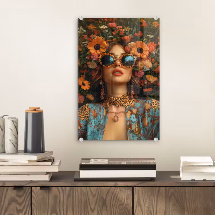 Glas schilderij - Vrouwen - Bloemen - Modern - Bril - Abstract — 2