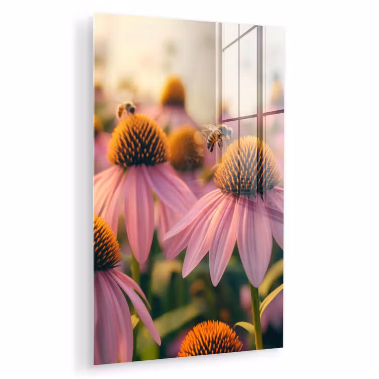 Glas schilderij - Bloemen - Paars - Bijen — 1