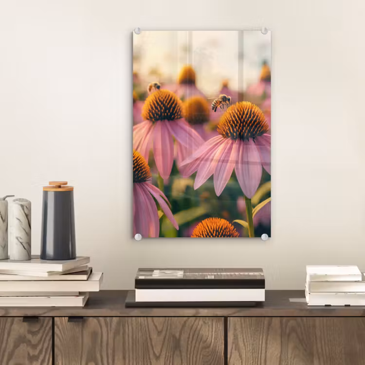 Glas schilderij - Bloemen - Paars - Bijen — 2