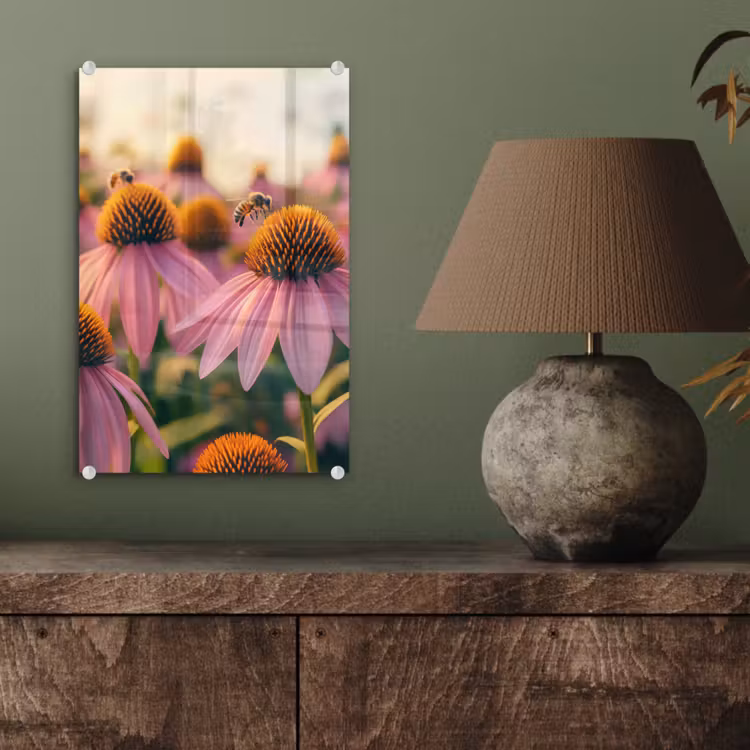 Glas schilderij - Bloemen - Paars - Bijen — 4