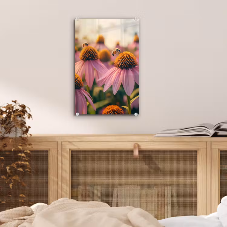 Glas schilderij - Bloemen - Paars - Bijen — 5