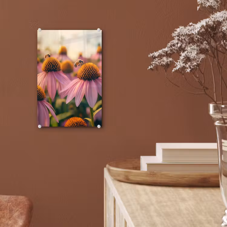 Glas schilderij - Bloemen - Paars - Bijen — 6