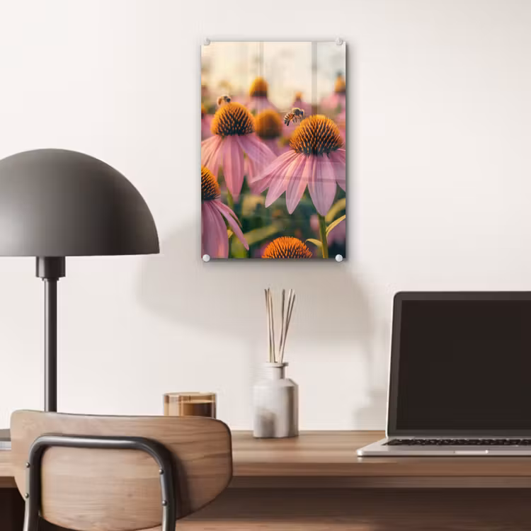 Glas schilderij - Bloemen - Paars - Bijen — 7