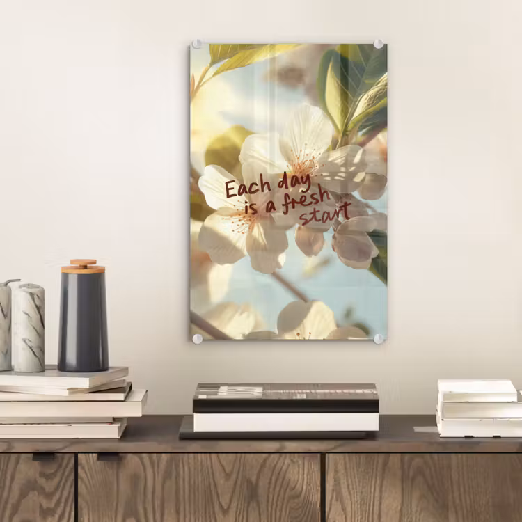 Glas schilderij - Bloesems - Zonlicht - Quote - Wit — 2