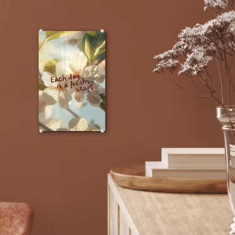 Glas schilderij - Bloesems - Zonlicht - Quote - Wit — 6