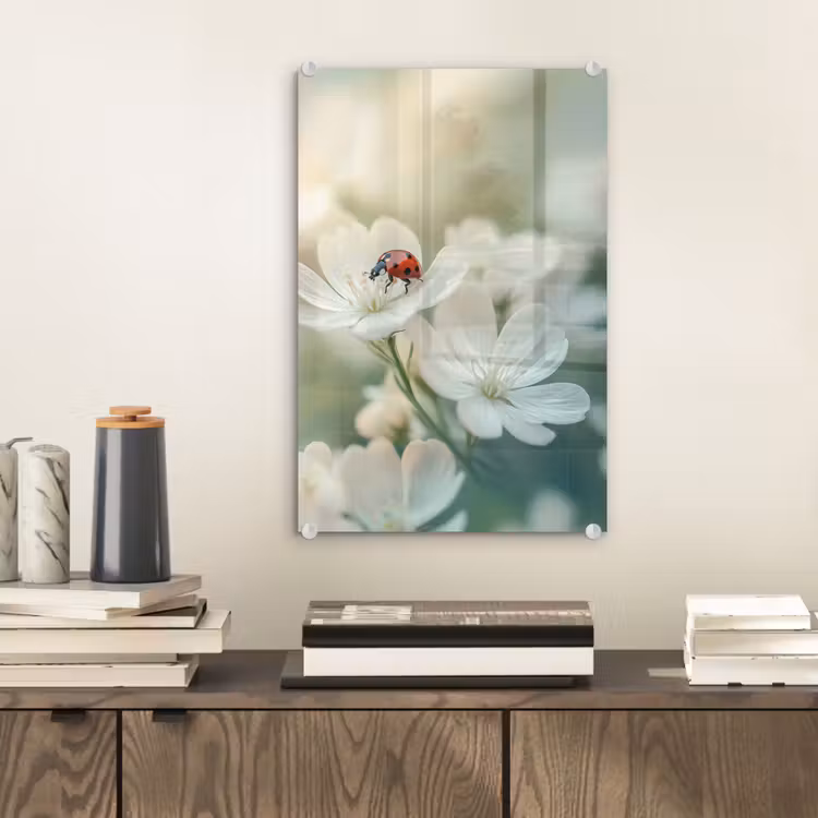 Glas schilderij - Lieveheersbeestje - Bloemen - Wit — 2