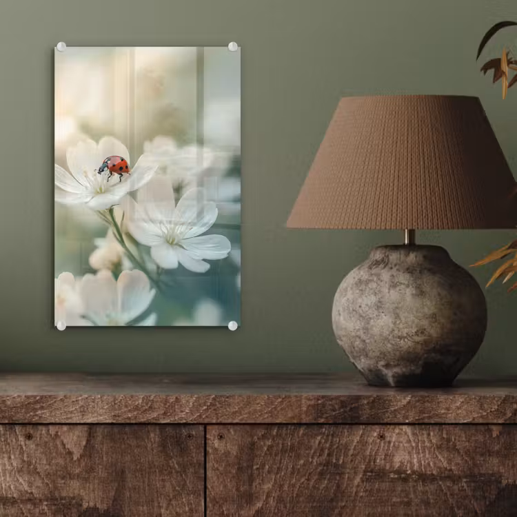 Glas schilderij - Lieveheersbeestje - Bloemen - Wit — 4