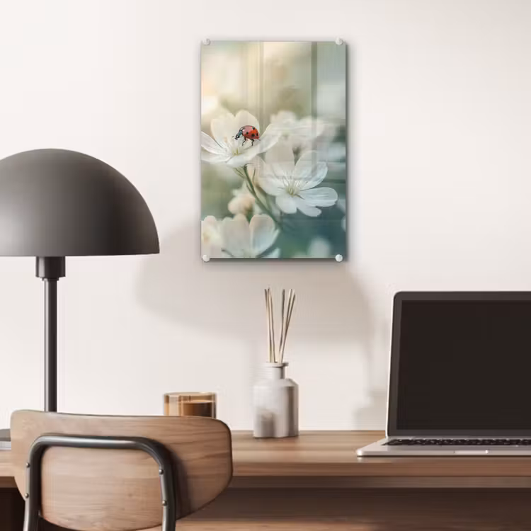 Glas schilderij - Lieveheersbeestje - Bloemen - Wit — 7
