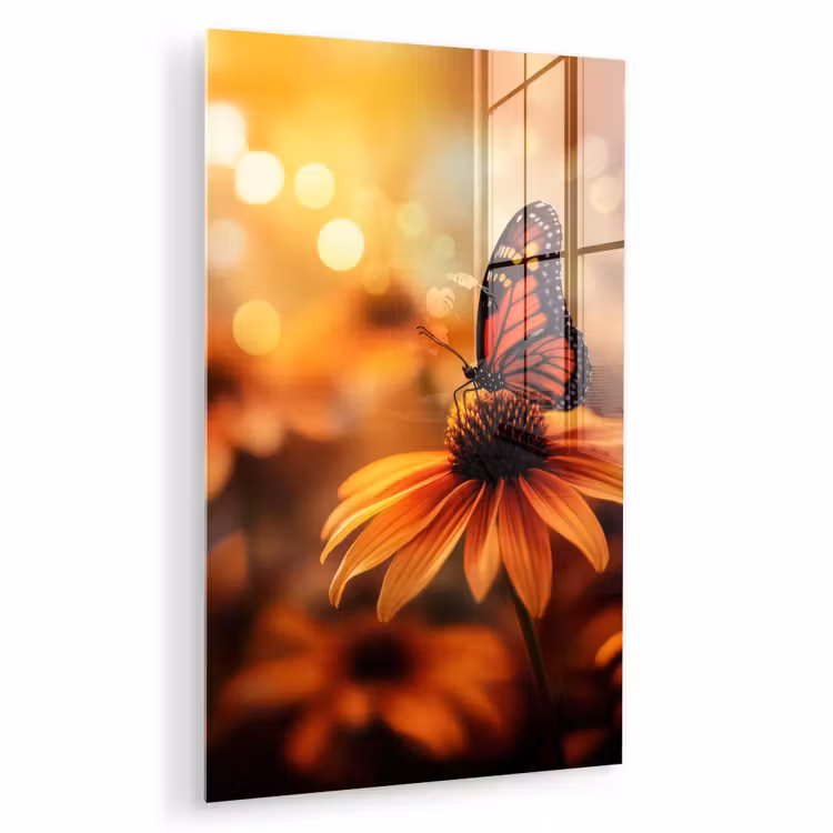 Glas schilderij - Vlinder - Bloemen - Oranje — 1