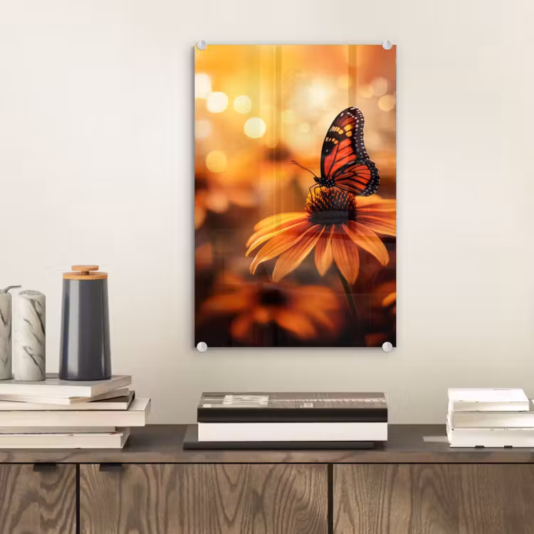 Glas schilderij - Vlinder - Bloemen - Oranje — 2