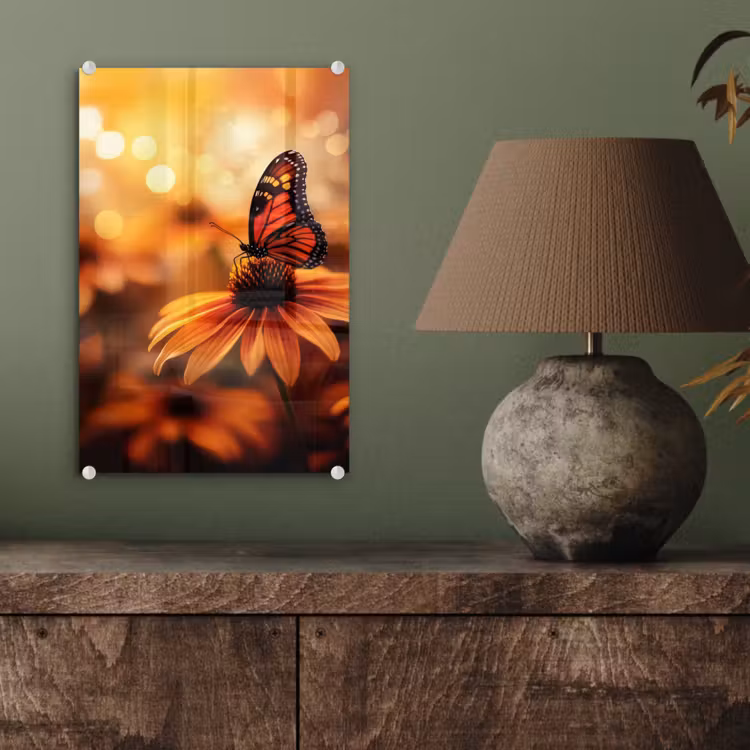 Glas schilderij - Vlinder - Bloemen - Oranje — 4