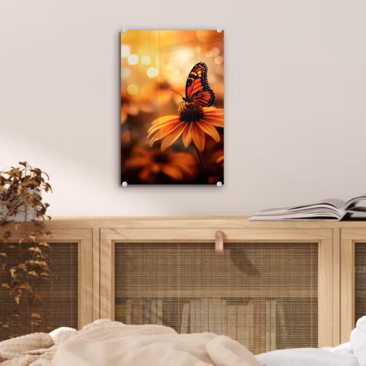 Glas schilderij - Vlinder - Bloemen - Oranje — 5