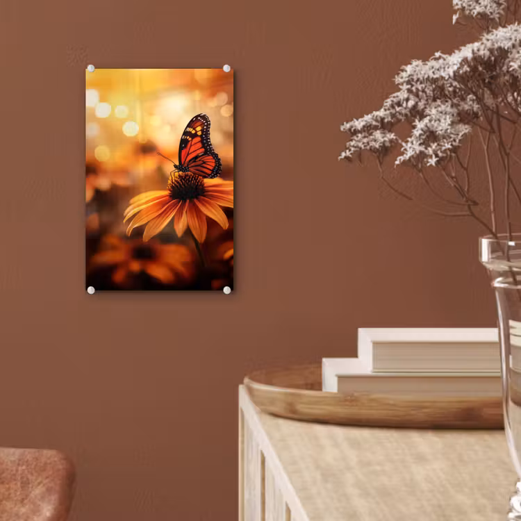 Glas schilderij - Vlinder - Bloemen - Oranje — 6