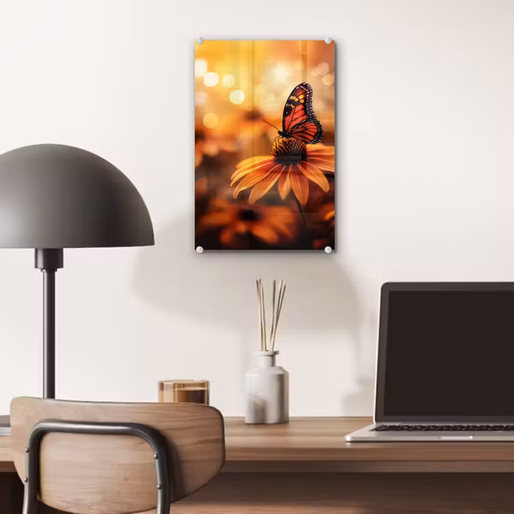 Glas schilderij - Vlinder - Bloemen - Oranje — 7