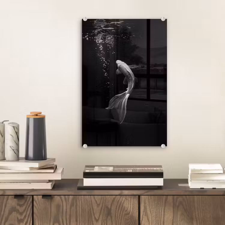 Glas schilderij - Koi - Vis - Wit - Zwart — 2
