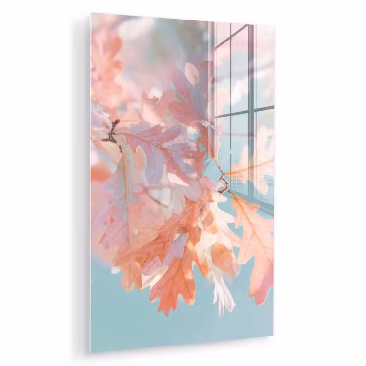 Glas schilderij - Eikenbladeren - Takken - Roze — 1