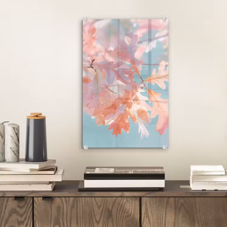 Glas schilderij - Eikenbladeren - Takken - Roze — 2