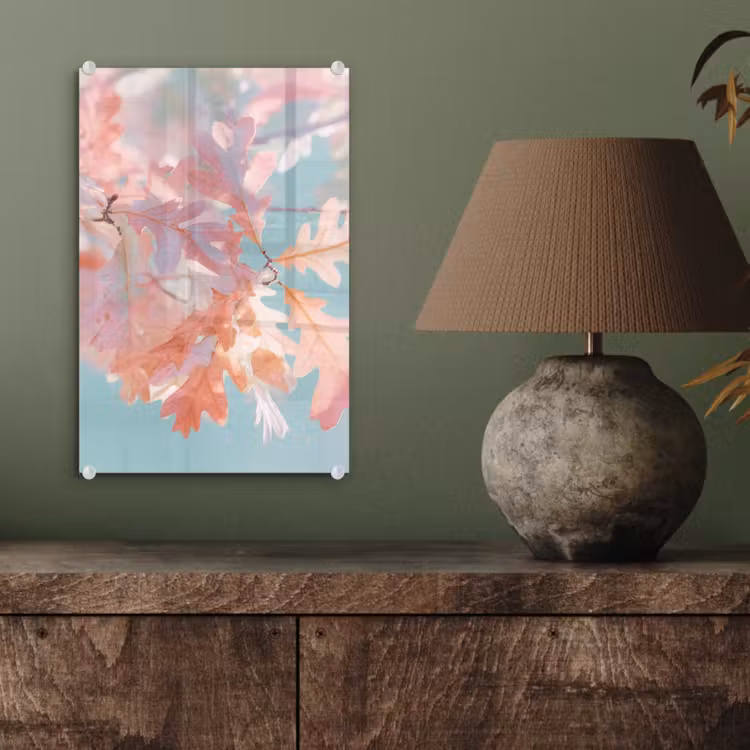 Glas schilderij - Eikenbladeren - Takken - Roze — 4