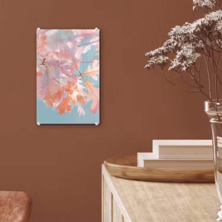 Glas schilderij - Eikenbladeren - Takken - Roze — 6