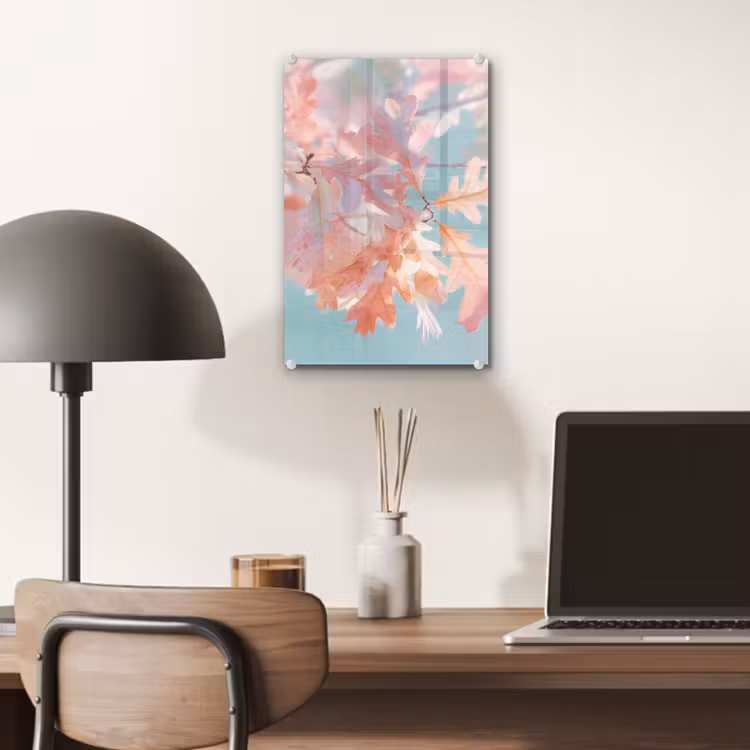 Glas schilderij - Eikenbladeren - Takken - Roze — 7