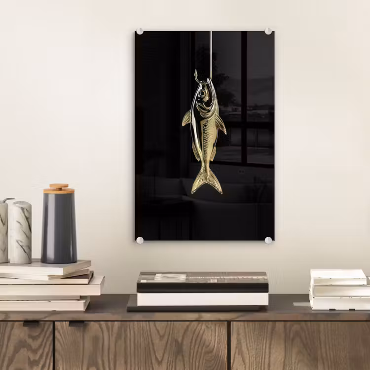 Glas schilderij - Goud - Vis - Haak - Zwart — 2