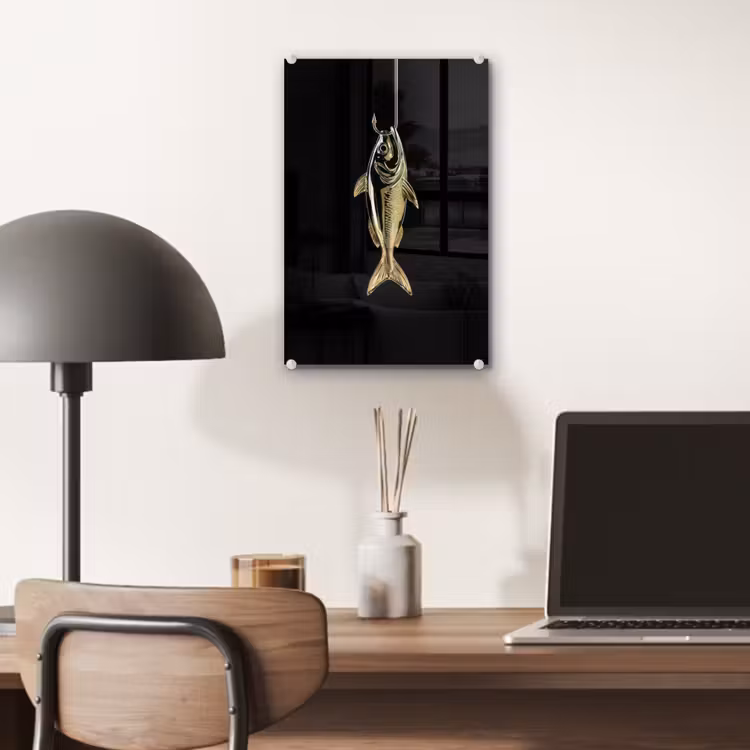 Glas schilderij - Goud - Vis - Haak - Zwart — 7