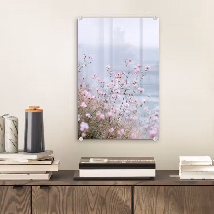 Glas schilderij - Klif - Bloemen - Zee - Roze — 2