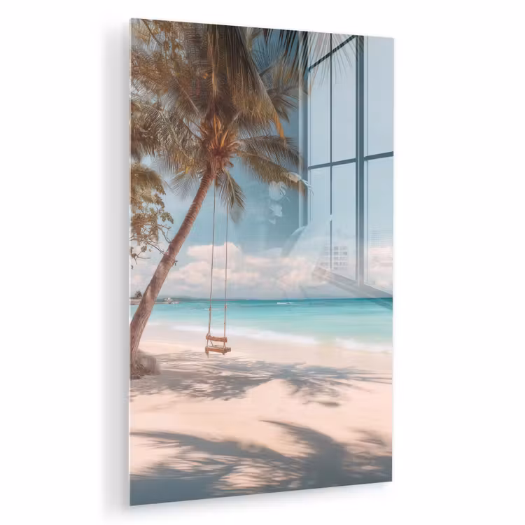 Glas schilderij - Palmboom - Schommel - Strand - Lucht — 1