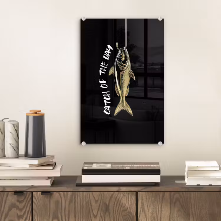 Glas schilderij - Vis - Zwart - Goud - Tekst — 2