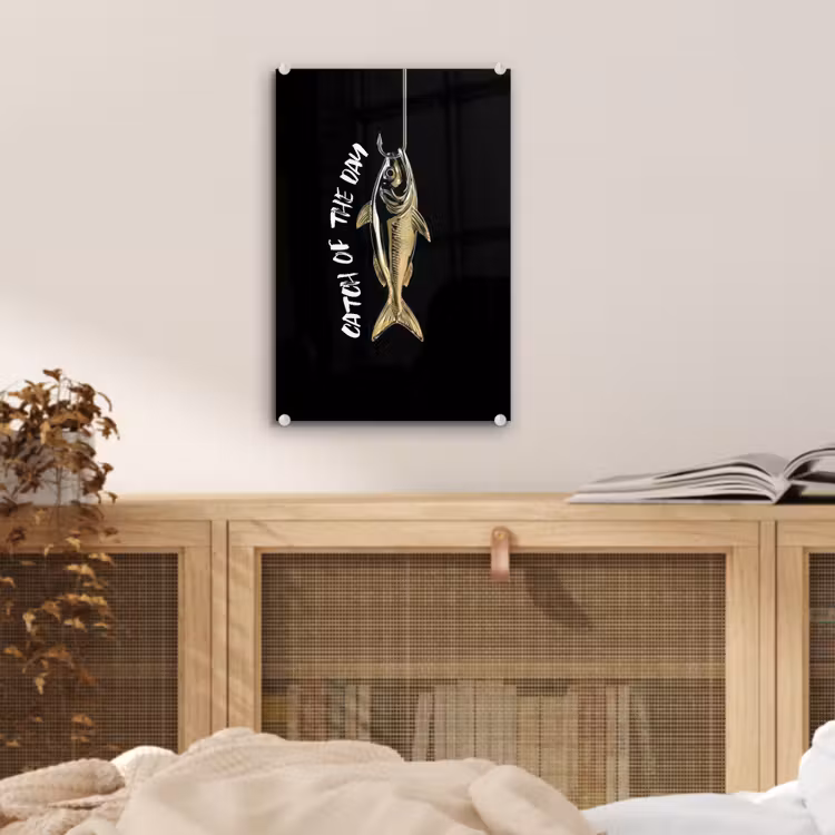 Glas schilderij - Vis - Zwart - Goud - Tekst — 5