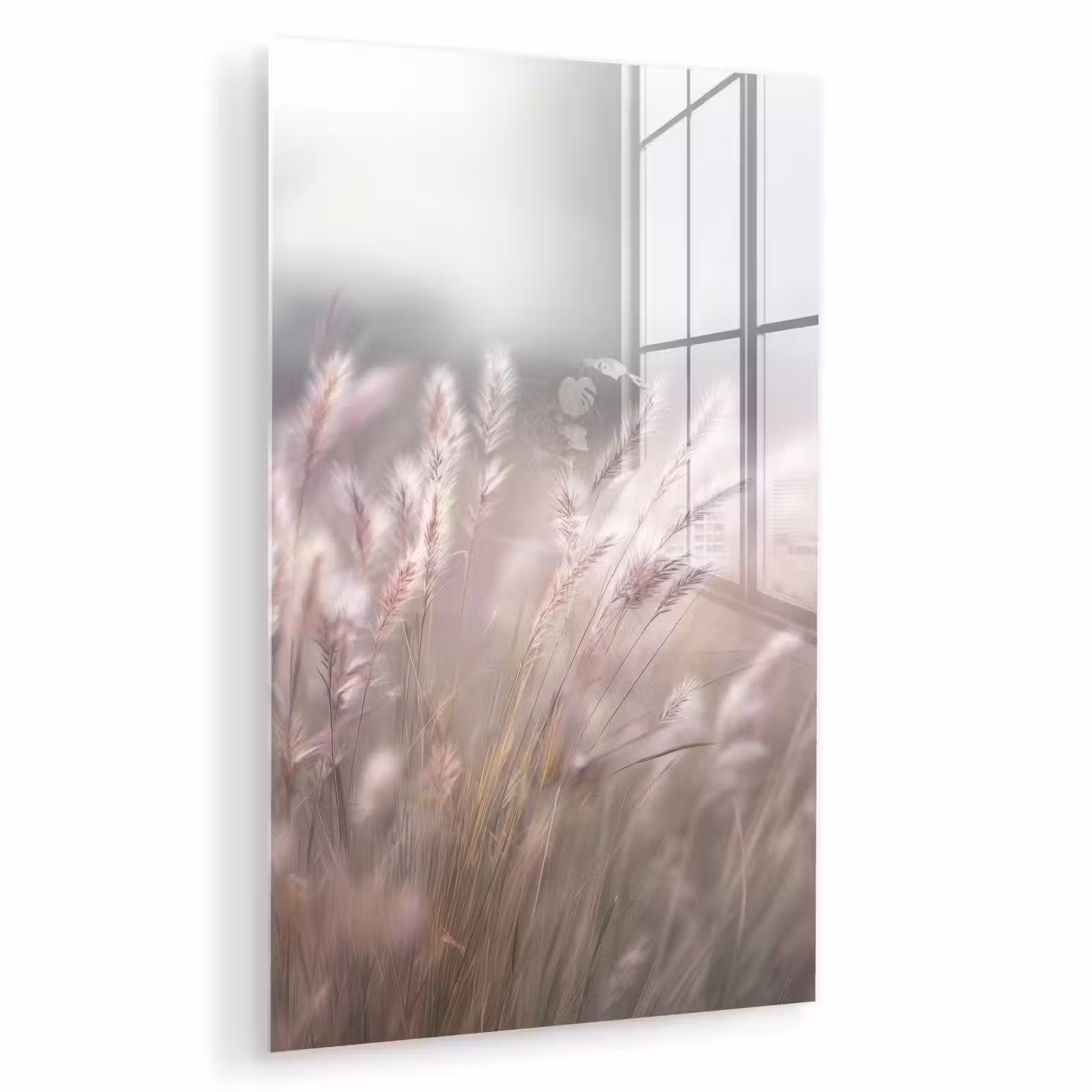 Glas schilderij - Graspluimen - Wind - Beige - Mistig — 1