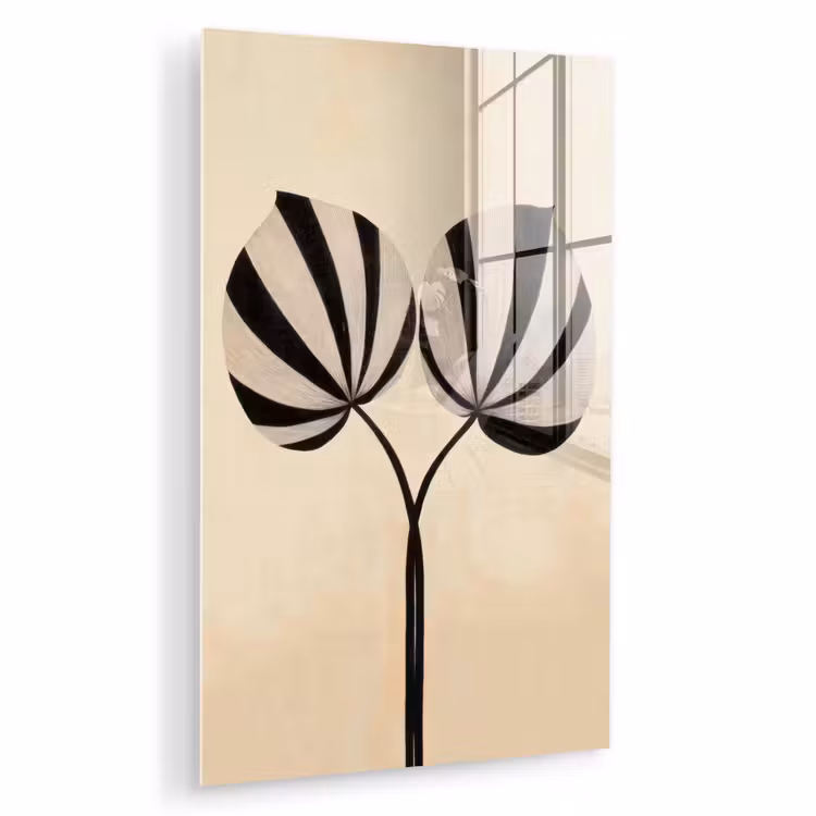 Glas schilderij - Bladeren - Gestreept - Stengel - Beige — 1