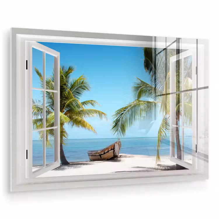 Glas schilderij - Doorkijk - Strand - Palmboom - Boot - Tropisch - Zee - Blauw — 1