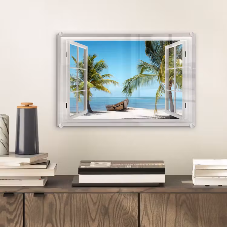 Glas schilderij - Doorkijk - Strand - Palmboom - Boot - Tropisch - Zee - Blauw — 2