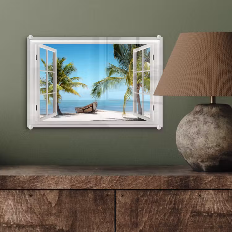 Glas schilderij - Doorkijk - Strand - Palmboom - Boot - Tropisch - Zee - Blauw — 4