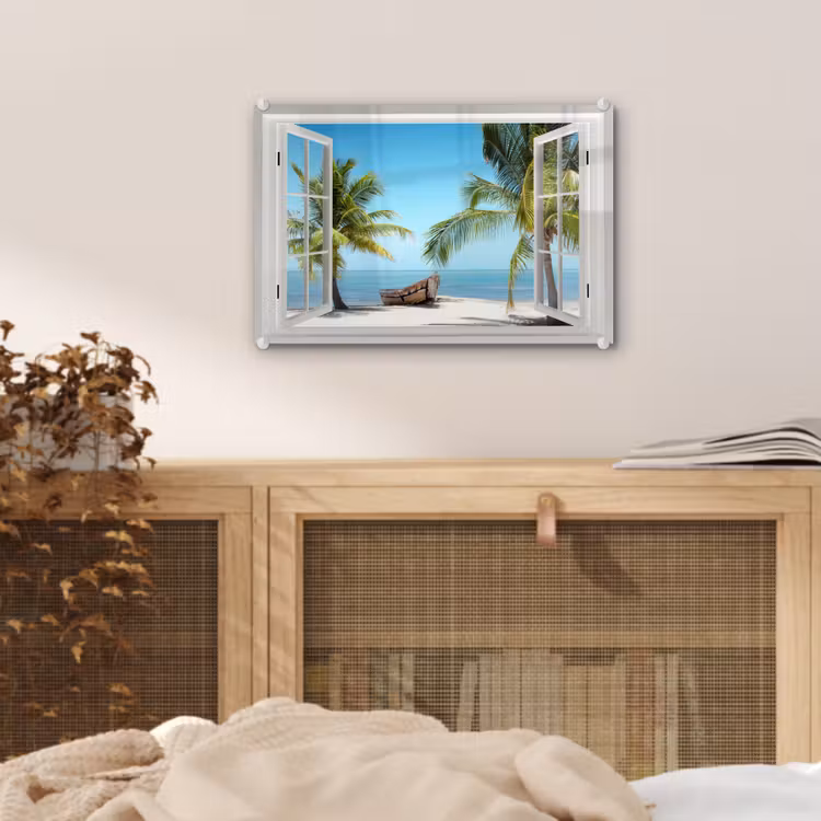 Glas schilderij - Doorkijk - Strand - Palmboom - Boot - Tropisch - Zee - Blauw — 5