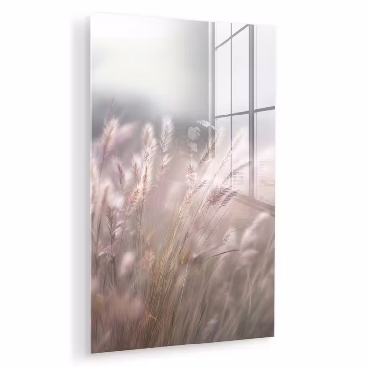 Glas schilderij - Graspluimen - Wind - Beige - Mistig — 1