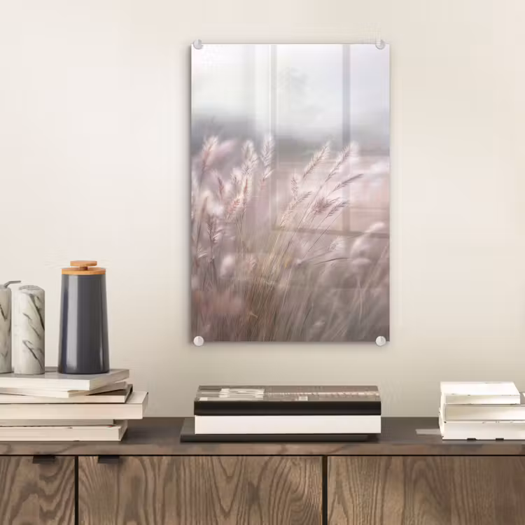 Glas schilderij - Graspluimen - Wind - Beige - Mistig — 2