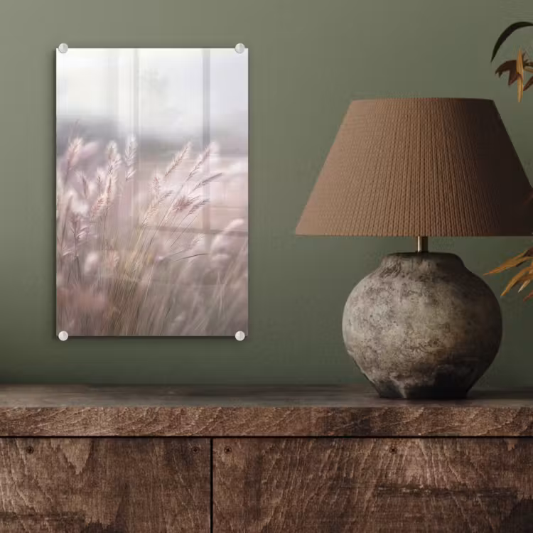 Glas schilderij - Graspluimen - Wind - Beige - Mistig — 4