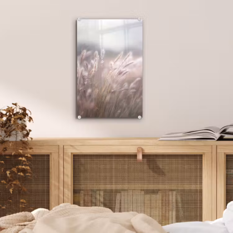 Glas schilderij - Graspluimen - Wind - Beige - Mistig — 5