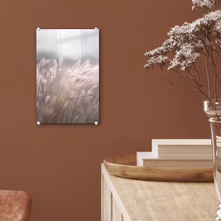 Glas schilderij - Graspluimen - Wind - Beige - Mistig — 6
