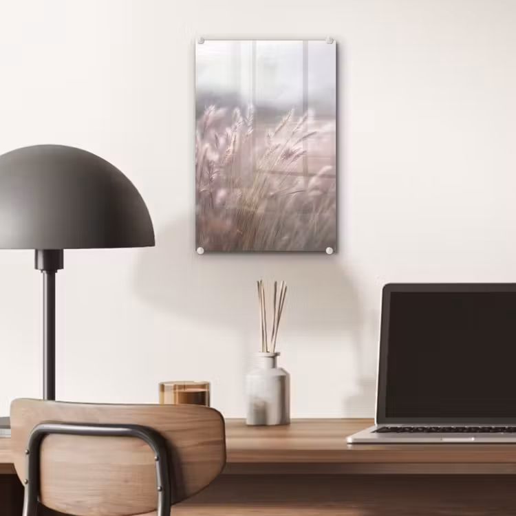 Glas schilderij - Graspluimen - Wind - Beige - Mistig — 7